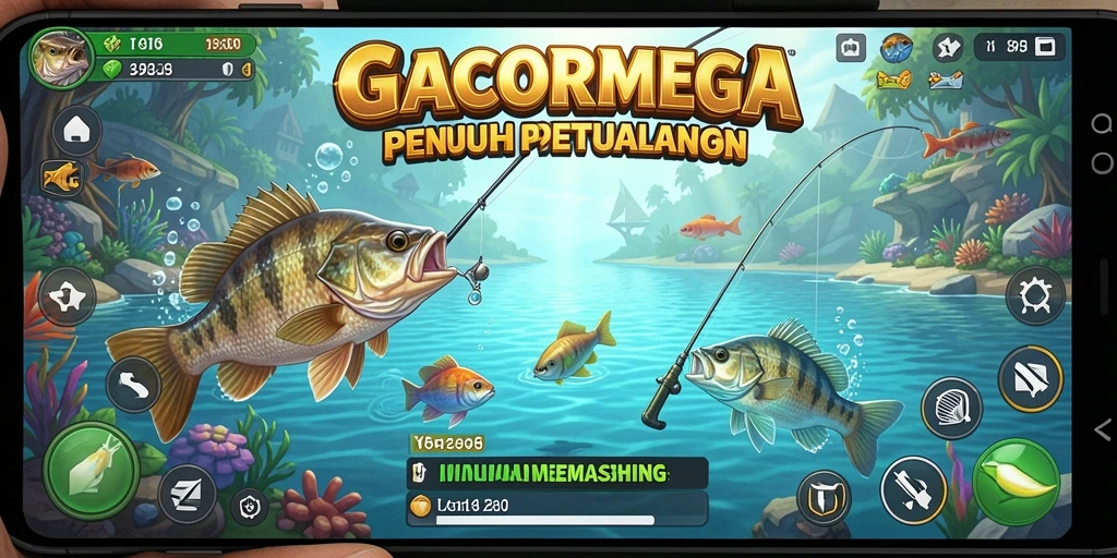 Screenshot menampilkan pemain yang sedang memancing di danau indah.