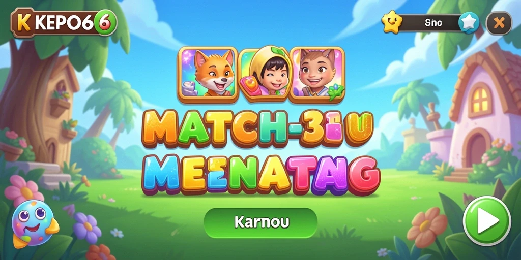 Screenshot menunjukkan gameplay Match-3 yang seru dan penuh warna.