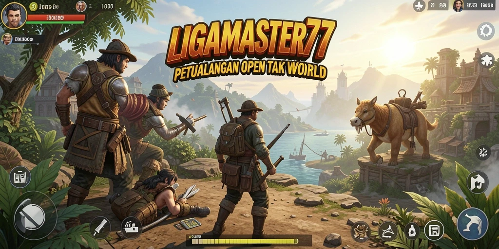 Tangkapan layar gameplay LIGAMASTER77 yang menampilkan eksplorasi dunia luas.