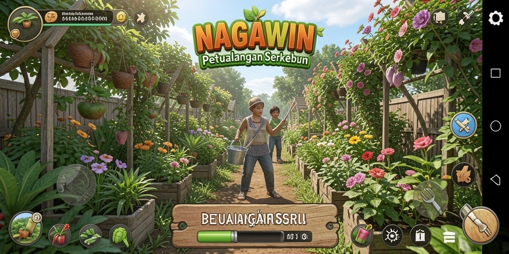 Tampilan gameplay NAGAWIN dengan aktivitas berkebun yang seru.